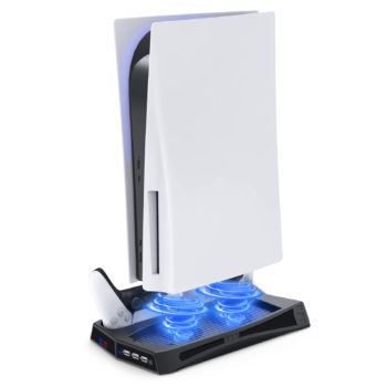 Vertical Stand for PlayStation 5 with Cooling Fan Charging Station Cooler for PS5 Disc/ Digital Edition Console, PS5 Cooling Stand with Dual Controller Charge Station Dock for PS5 DualSense Controller