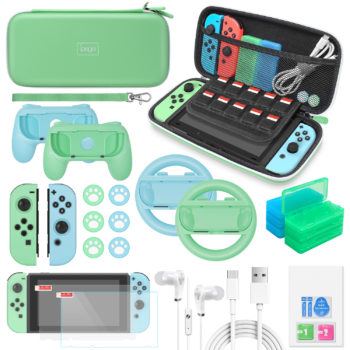 Switch Accessories Bundle for Animal Crossing - 26 in 1 Accessories Kit with Carrying Case,Screen Protector,Joycon Silicone Case,Handle Grips,Steering Wheel,Thumb Caps,Type-C Cable for Nintendo Switch