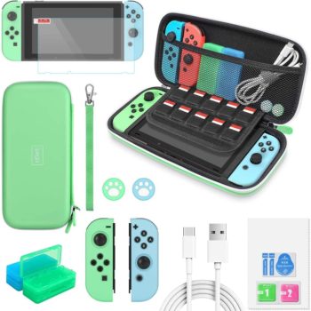 Switch Accessories Bundle - 12 in 1 Accessories Kit for Nintendo Switch Animal Crossing with Carrying Case, Silicone Joy Con Covers, Screen Protector, Thumb Grip Caps, Game Card Cases and Type-C Cable