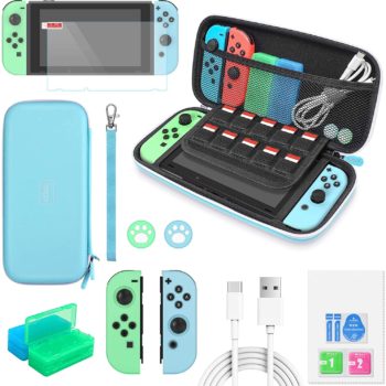 Switch Accessories Bundle - 12 in 1 Protection Kits for Nintendo Switch Animal Crossing with Switch Carrying Case, JoyCon Covers, Screen Protector, Thumb Grips, Game Card Cases & USB Cable, Light Blue